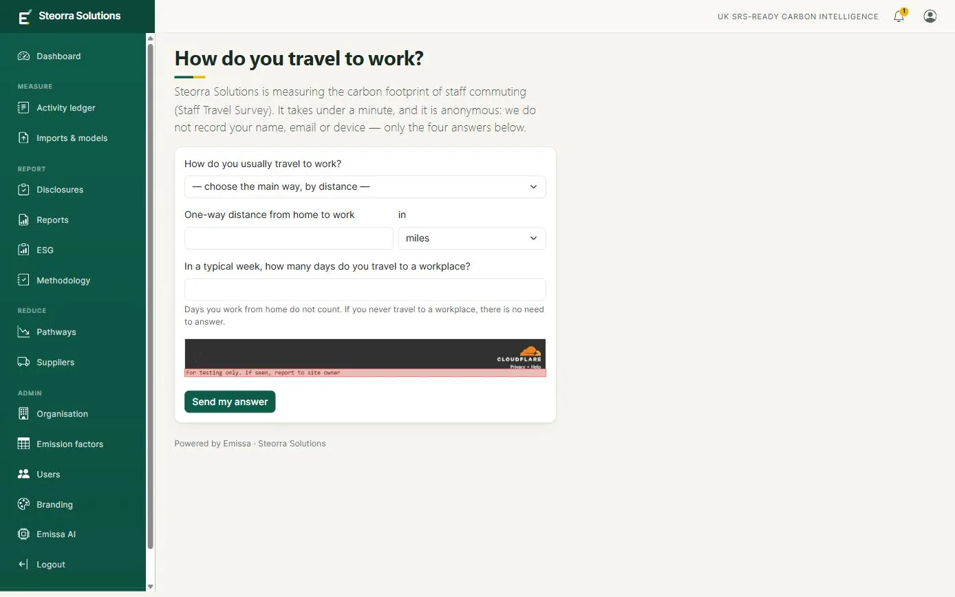 The public commuting survey page: main mode of travel, one-way distance, days a week at a workplace, and a bot check before sending