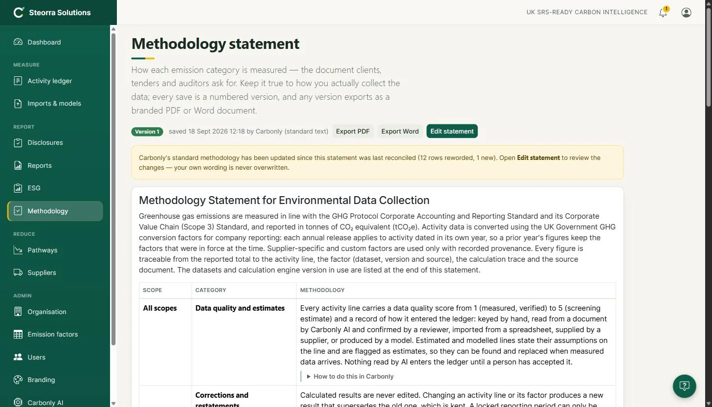 The Methodology statement page: version badge, PDF and Word export, and the standard-text update notice above the statement table